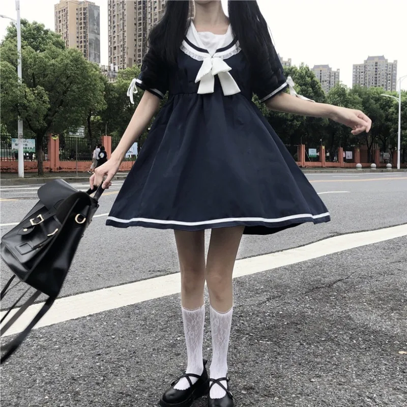 Japanese  College Style Sailor Collar High Waist Slimming Bow Bubble Short-Sleeve Dress women  Sweet  school girl uniform