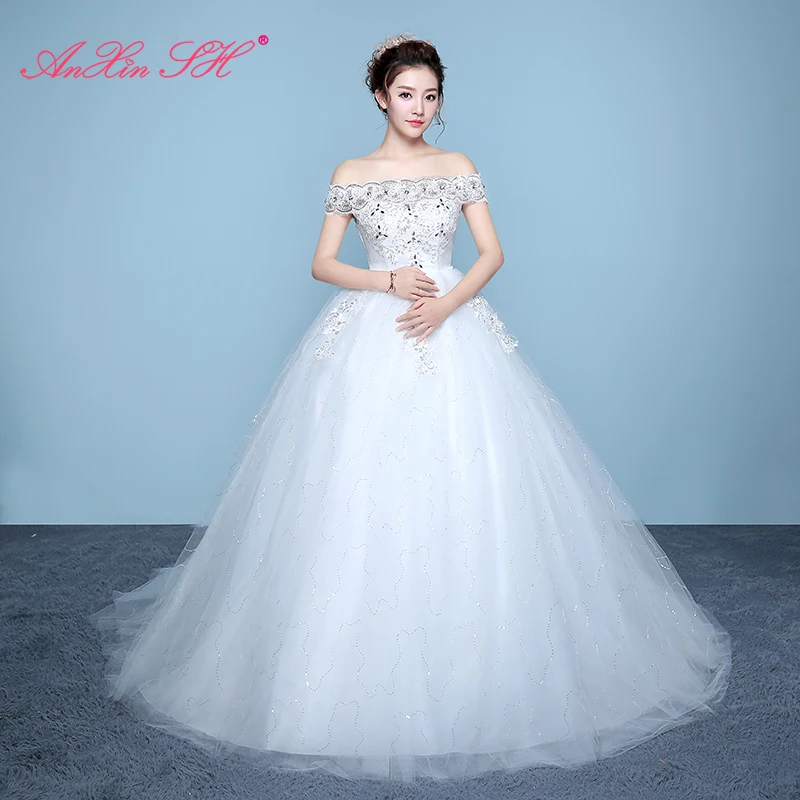 AnXin SH flower lace white princess vintage boat neck illusion crystal flower red golden lace bride customized wedding dress