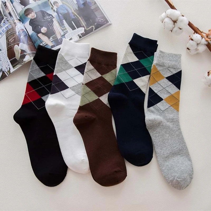 Men Winter Autumn Cotton Socks Vintage Contrast Color Argyle Plaid Patterned Print Breathable Formal Business Casual Tu