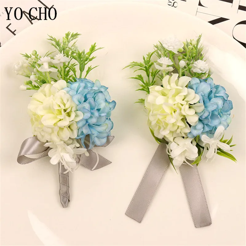 YO CHO Artificial Silk Flowers Wedding Boutonniere for Groomsmen Wrist Corsage Bracelet Bridesmaids Marriage Corsage Accessories