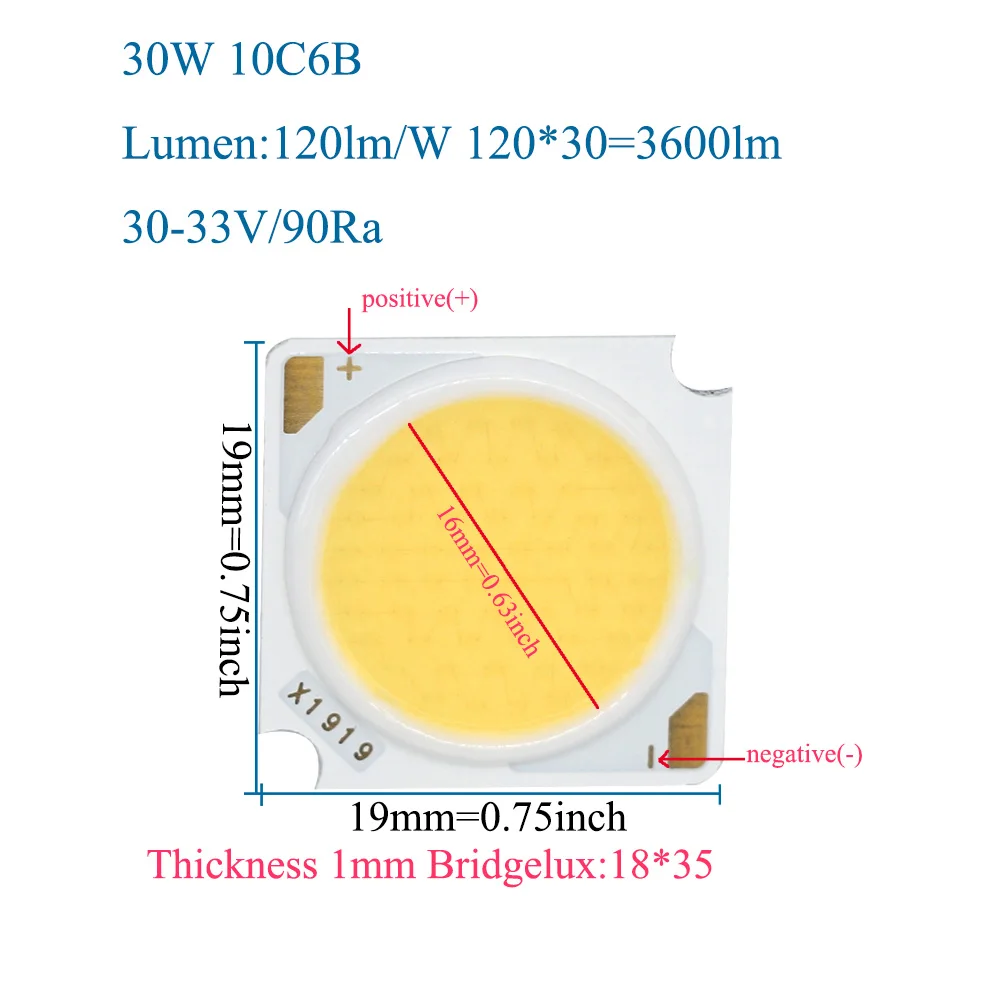 Imagem -03 - Cob Led Diodo Emissor de Luz Bridgelux Chip 1919 Led Ra90 Led Cob Lâmpada Led Luz de Trilha 10 Pcs 10w 20w 30w 40w 50w Alta Cri90