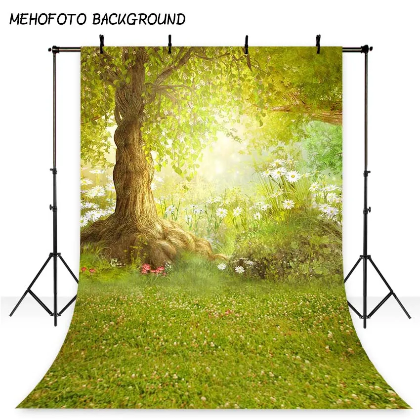 Mehofond Spring Photography Backdrop Easter Woodland Big Tree Meadow Grass White Flower Fairy Tale Photo Studio Booth Background