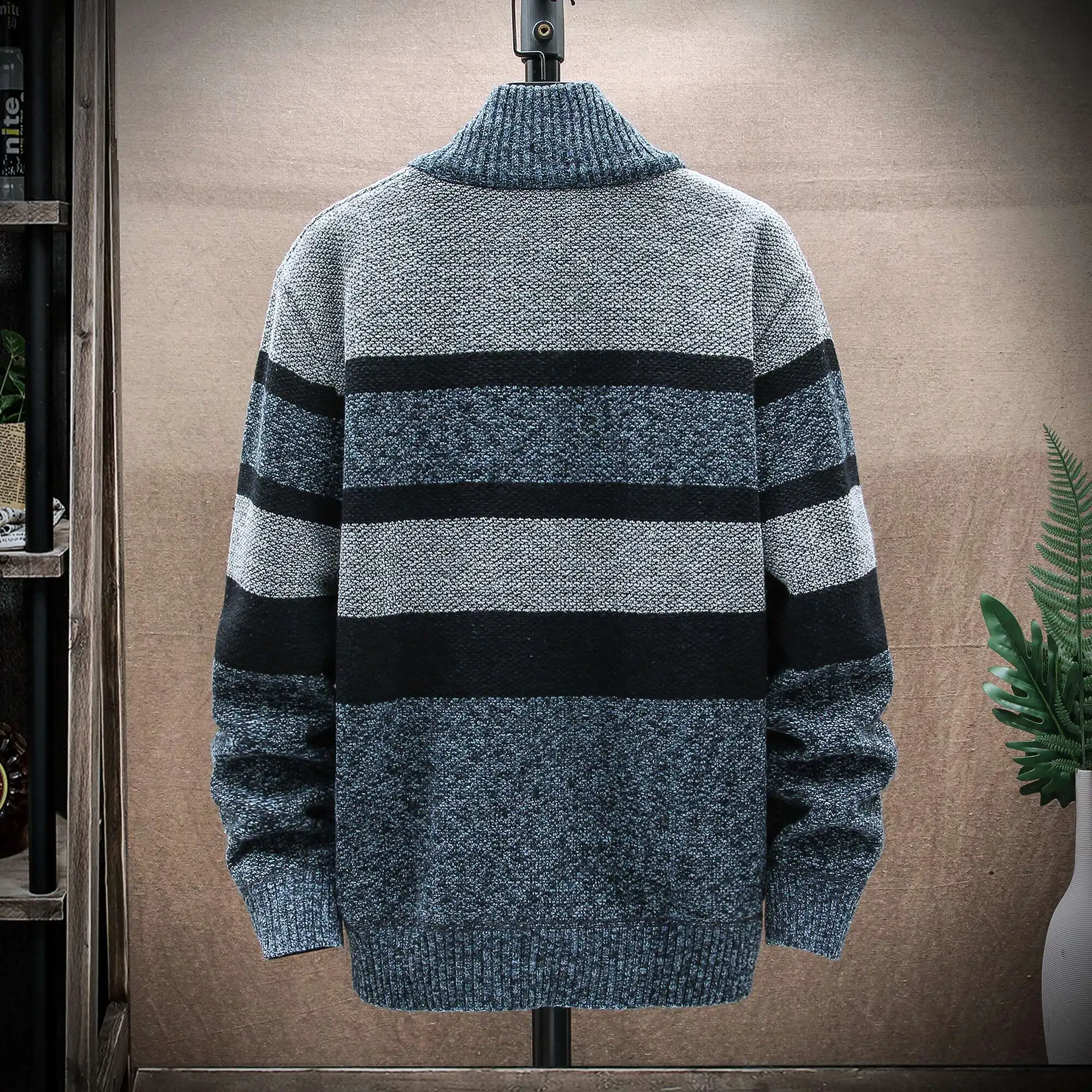 Men\'s Winter Striped Sweater Cardigan Man Patchwork Sweaters Coat Fleece Thick Warm Knitwear Zip Up Coat  Male Jacket