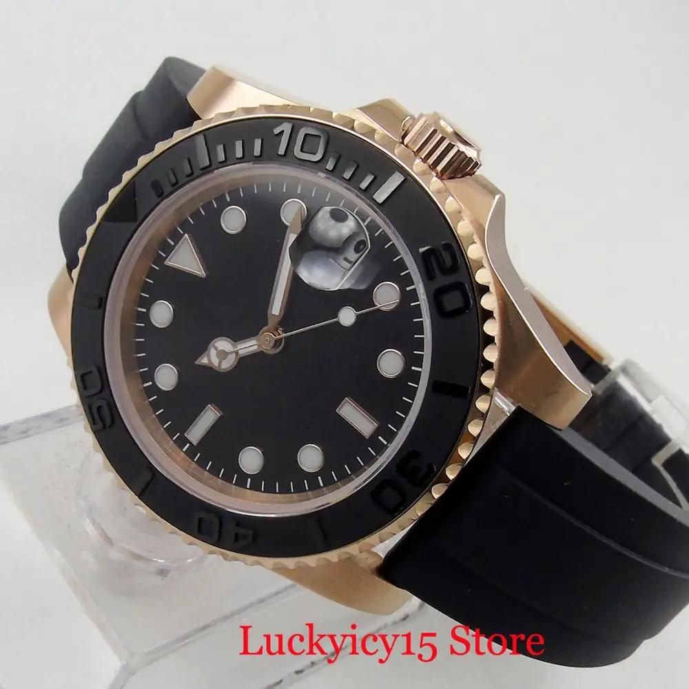 

BLIGER Sterile Dial Watch Rose Gold Coated Case Japan PT5000 NH35A Automatic Male Watch Black Brushed Bezel Insert Rubber Strap