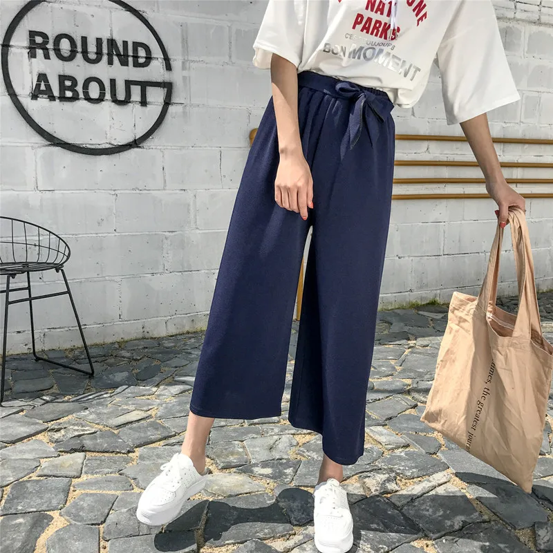 Retro BF Solid Color Summer Wide Leg Pants Harajuku Casual Loose Sashes Women Breathable Trousers Womens Students Korean Style