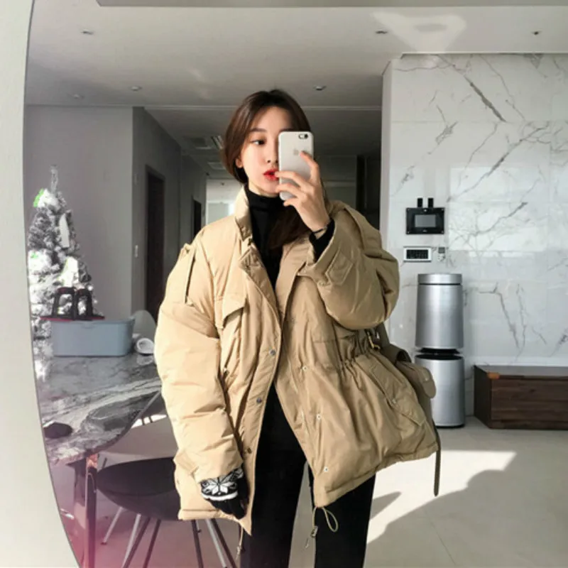 Korea Women Winter Thick Solid Cotton Parka Drawstring Slim Waist Overcoat Oversize Coat Jacket Zipper Outerwear with Pocket