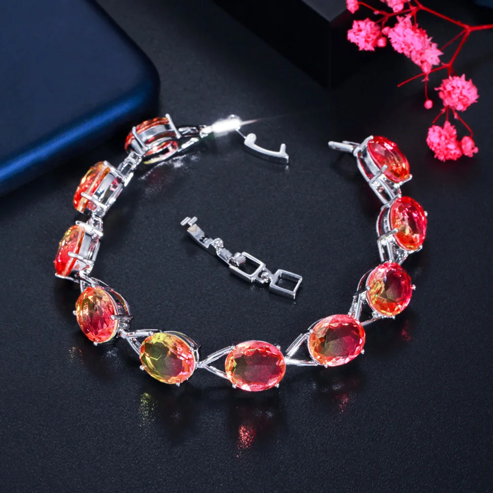 Pera Splendid Rainbow CZ Crystal Silver Color Oval Shape Link Chain Bracelets with Extension for Ladies Party Jewelry Gift B212