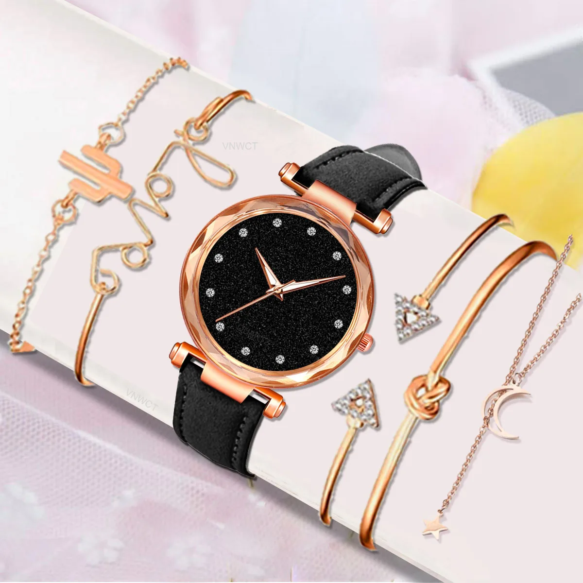 Women Watches Bracelet Set Romantic Starry Sky Quartz Watch Leather Belt Diamond Ladies Clock Simple Dress Relógio Feminino