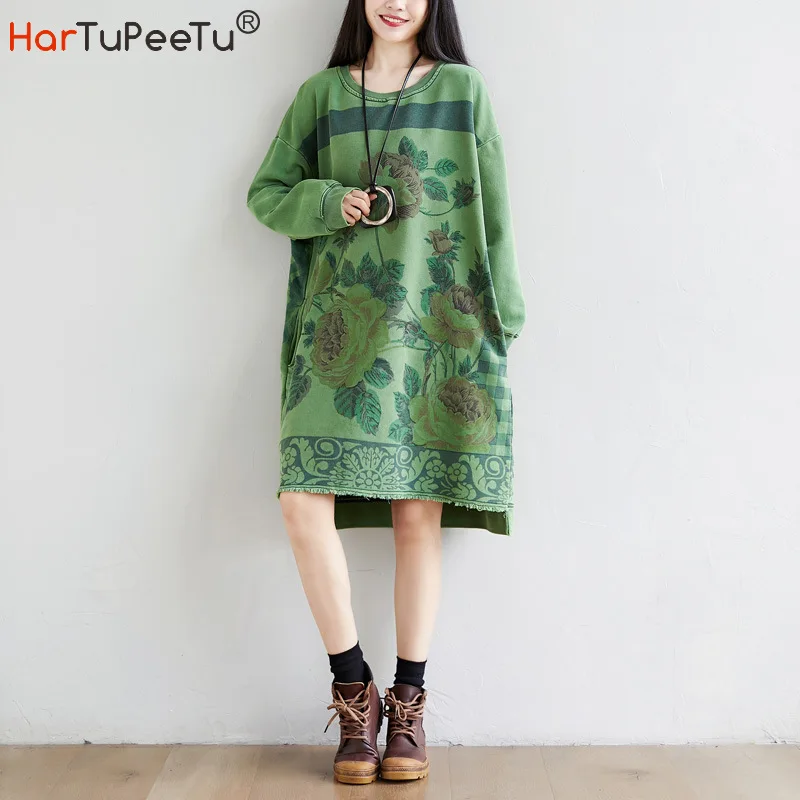 Hoodie Dress Women Oversized Loose Autumn 2020 Fashion Print Long Sweatshirts Irregular Tear Hem Pockets Vintage Pink Green Blue