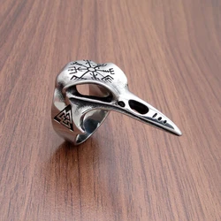 Punk 316L Stainless Steel Men‘s Viking Norse Mythology Odin Crow Raven Ring Nordic Amulet Compass Jewelry Gifts