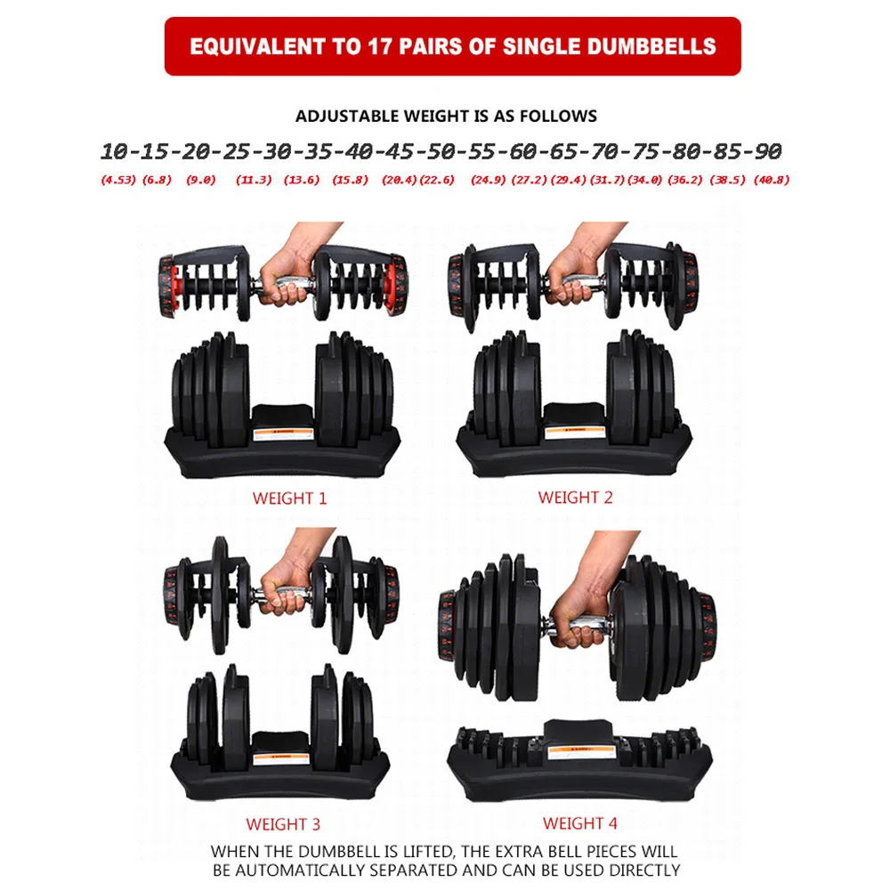 Adjustable 90lb/40kg Dumbbell Set 10~90lb Adjustment Rubber Cover Anti-Skidd ​Iron Workout Weights Exercise Gym Fitness Dumbell