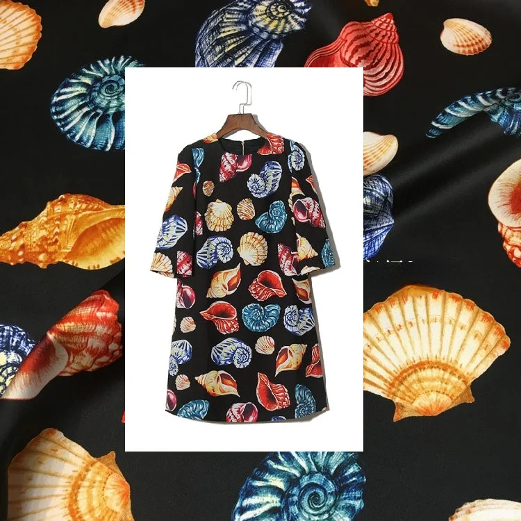 Conch shell printing color digital printing per meter brand heavy silk stretch satin cheongsam dress wide leg pants shirt fabric