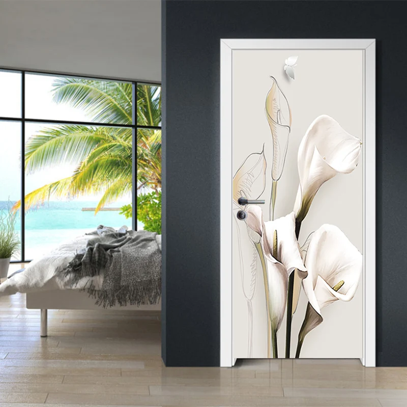 

PVC Self-adhesive 3D Door Stickers White Magnolia Flower Art Waterproof Wall Sticker Living Room Bedroom Door Wallpaper Decals