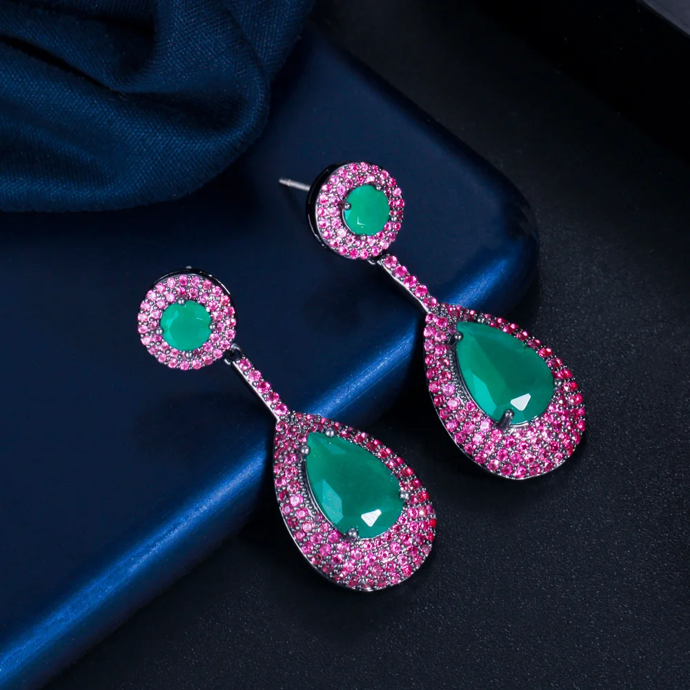 CWWZircons Elegant Micro Pave Hot Pink Cubic Zirconia Green Dangle Water Drop Engagement Party Earrings for Women Jewelry CZ868