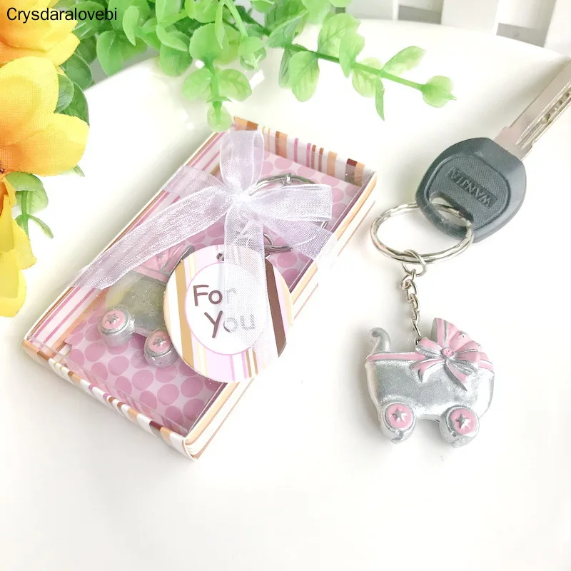 30PCS/LOT New Baby Shower Favors Pink/Blue Baby Carriage Design Key Chains Birth Christening Gift Keychain Favor