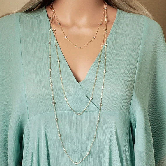 3MM Bezel Set Round Dot Geometric CZ Station Chain Necklace 100% 925 Stelring Silver 46cm 85cm 102cm Multi Layer Chains