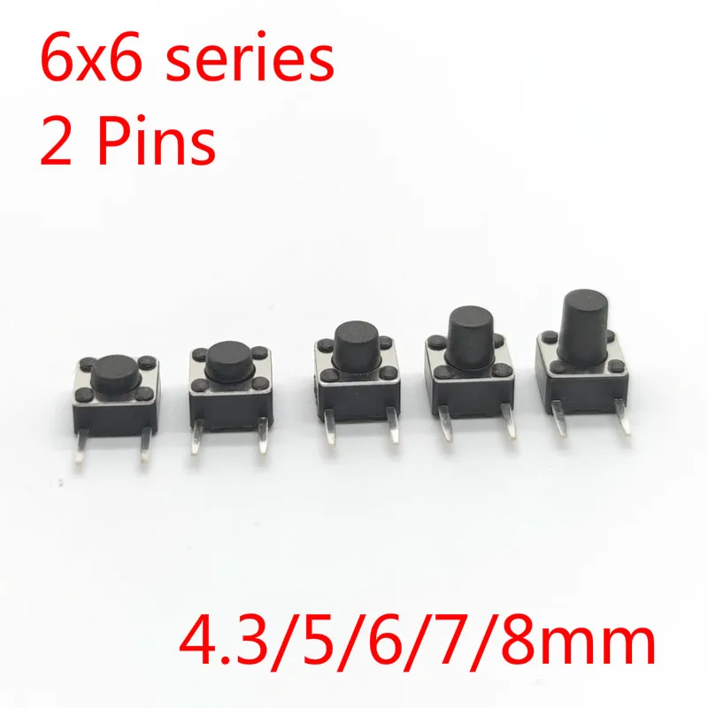 50PCS 6x6mm Side 2Pins Push Button Switch Mini Panel PCB Momentary Tactile Tact Switch DIP 2pin 6x6x4.3/5/6/7/8 MM 6*6*4.3MM