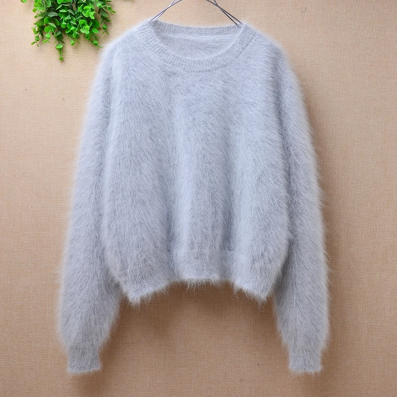 ladies women fashion hairy pink mink cashmere short style crop top loose pullover angora rabbit fur winter jumper sweater pull