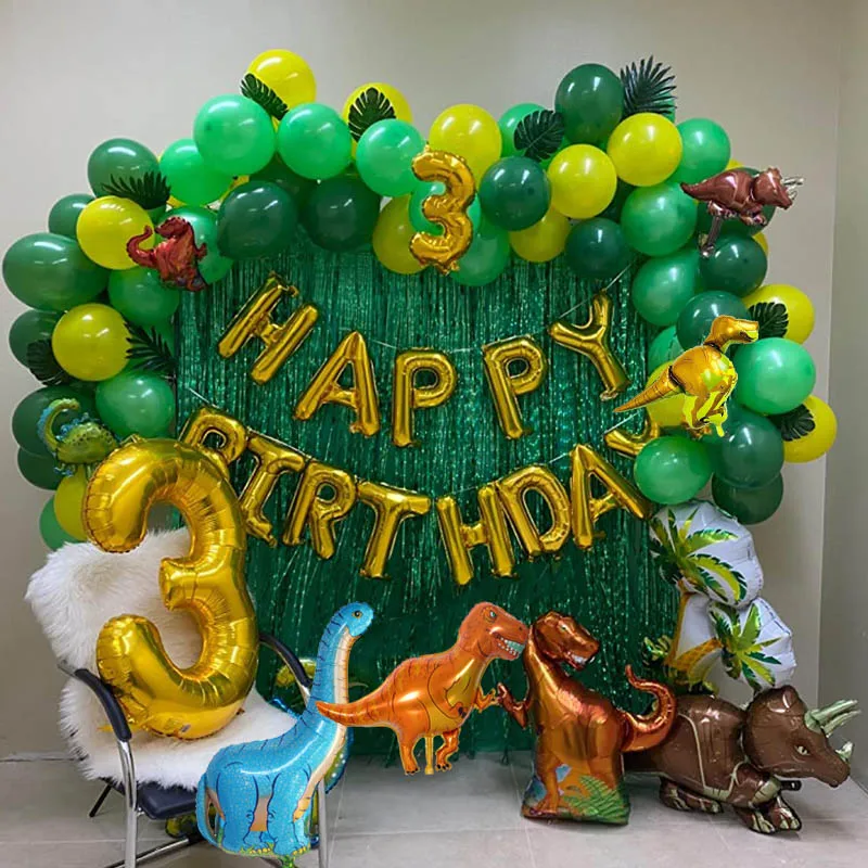 Decoración de fiesta de cumpleaños, accesorio con arco, juego de guirnaldas, globos de Feliz Cumpleaños, cortinas dinosaurio, fiesta temática, 97