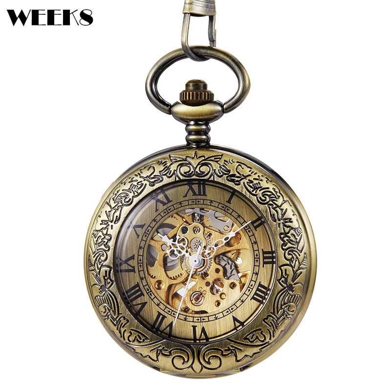 

Roman Numeral Mechanical Pocket Watch Antique Vintage Bronze Case Steampunk Skeleton Fob Chain Clock for Men Women Collection