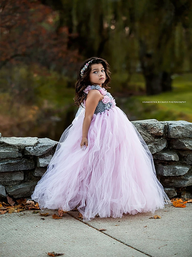 Pink and Grey Flower Girl Tutu Dress Wedding Tulle Dress Girls Wedding Dresses Robe Demoiselle Rose Kids Girls Clothes Dress image 6