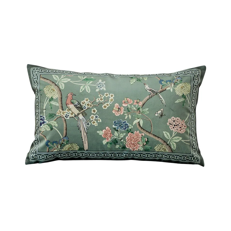 Medicci Home Chinoiserie Chinese Feature Cushion Covers Courtyard Bird And Flowers Print Lumbar Pillow Case Eastern Home Decor