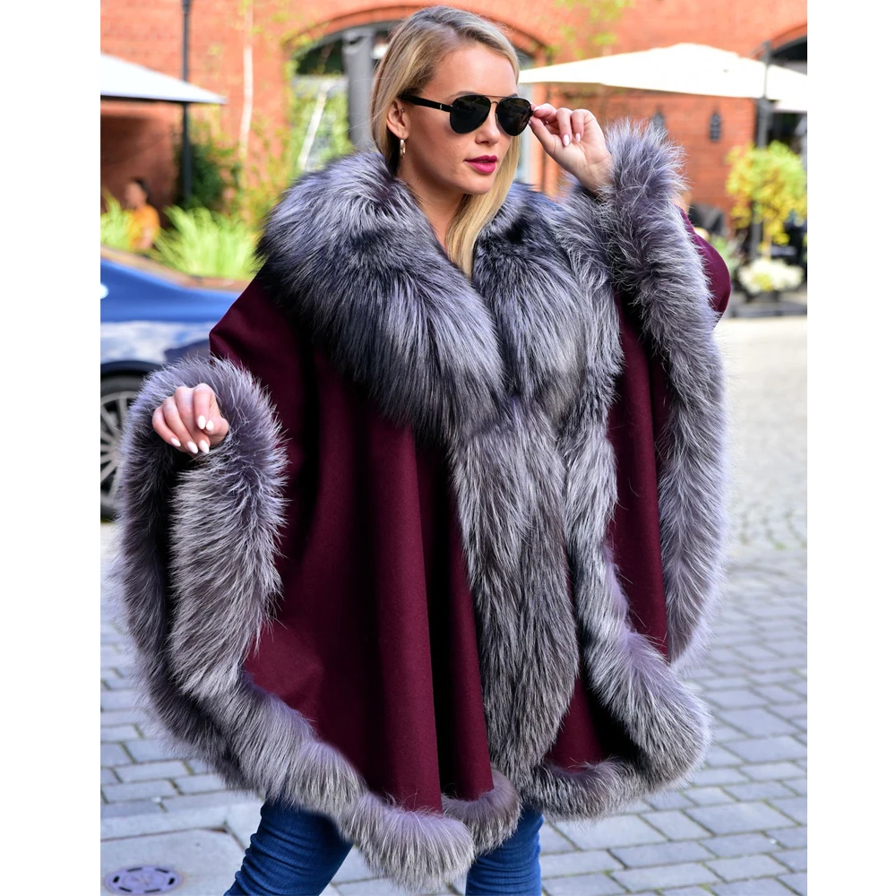 Fashion Women Real Silver Fox Fur Wool Blends Capes Winter Outwear Luxury Trendy Genuine Fox Fur Cashmere Ponchos Outwear