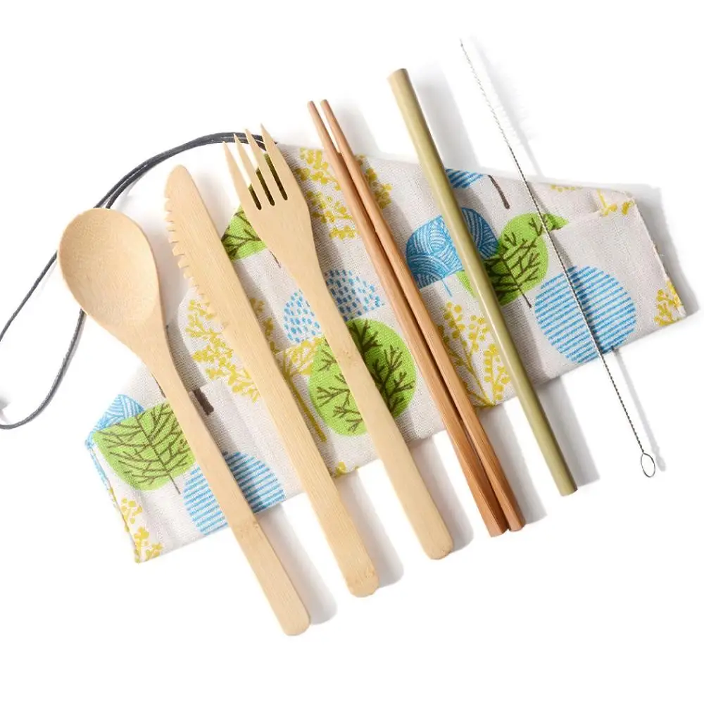 Portable Bamboo Dinnerware Set with Bag Bamboo Straw Cutlery Set Travel Dinnerware