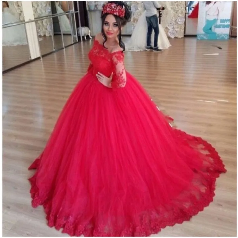 Vestido de fiesta de quinceañera para mujer, vestido de lujo con encaje precioso, cuello de barco, manga larga, rojo, barato, con cremallera