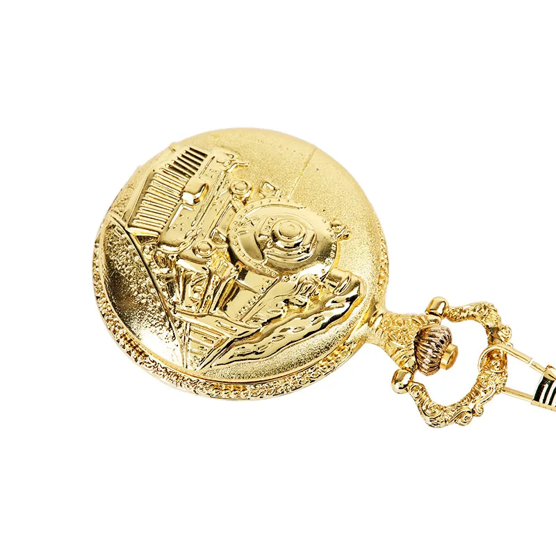 Embossed Running Steam Train Pocket Watch Chain Golden Metal Dress Casual Men Women Fob Watch Antique Fashion Pedant Montre