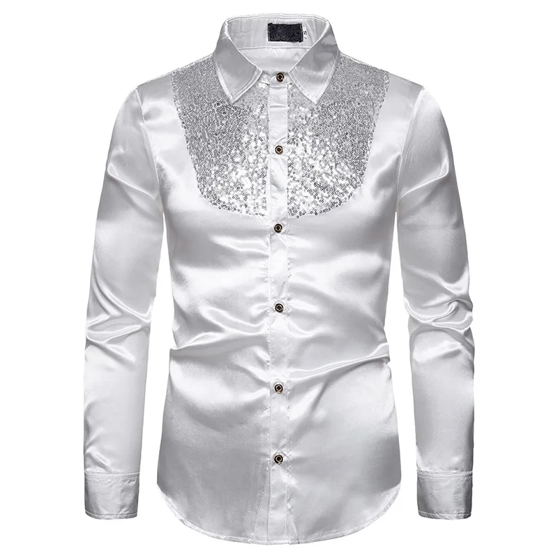 

Mens Shiny Sequins Design Silk Like Satin Button Up Dress Shirt Men Disco Party Dress Shirts Stage Singer Prom Chemise Homme XXL