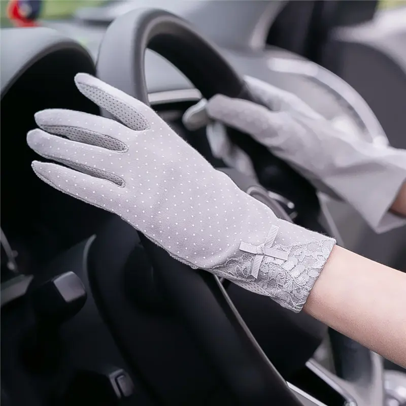 Guantes de algodón con estampado de lunares para mujer, antideslizantes, transpirables, finos, protección solar UV, 2024