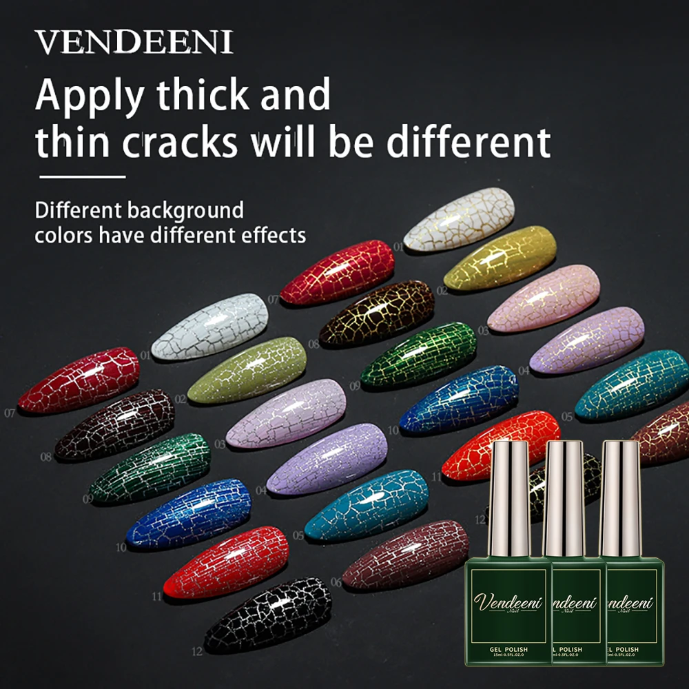 Vendeeni 15 Color Automatic Crack Gel Nail Polish Tortoise Shell Shape UV Soak Off Gel Lacquer Polish Crack Nail Art Gel Varnish