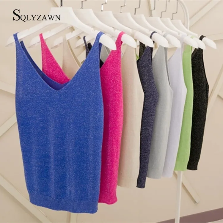 Women 2020 Sexy V Neck Knitted Tank Top Glitter Vest Summer Camisole Women Bright Silk Tank Top Casual Femme Camis Tee 18 Colors