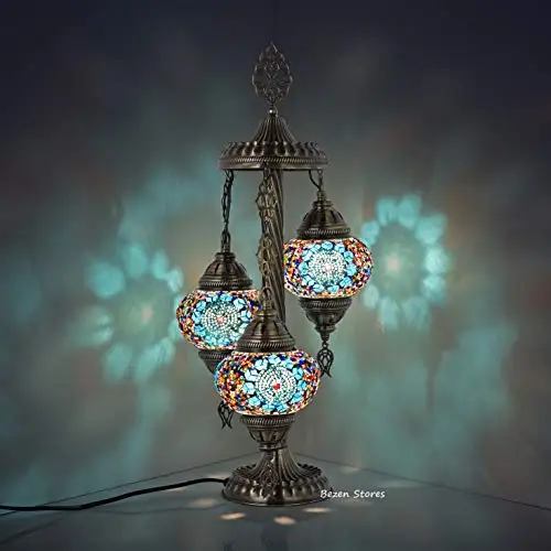 11 VariationTurkish Moroccan Mosaic Table Lamp, 3 Globes Bohemian Bedside lamp Hand Made Ottoman Lamp (Blue Cute Cube)