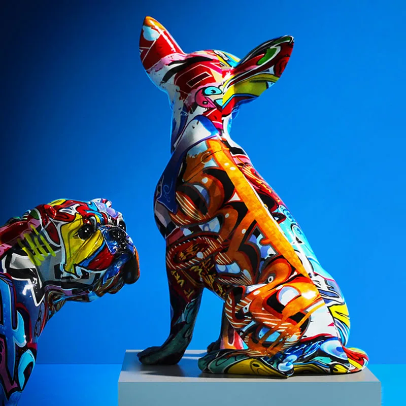 EUROPEAN CREATIVE COLORFUL GRAFFITI DOG STATUE VINTAGE RESIN ANIMAL SCULPTURE DESKTOP ORNAMENT HOME DECORATION ACCESSORIES