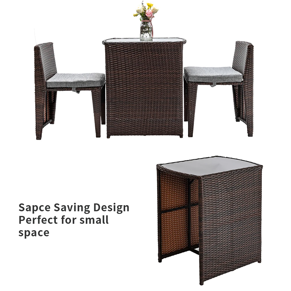 Outdoor Patio  Furniture Set 3PCS Rattan Wicker Bistro Set with Glass Top Table 2 Chairs Space Saving Design Brown