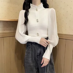 Vintage France Elegant Blouse Women Chiffon Knit Patchwork Folds Lantern Sleeve Pullovers Ruffl Stand Collar Commute Short Shirt