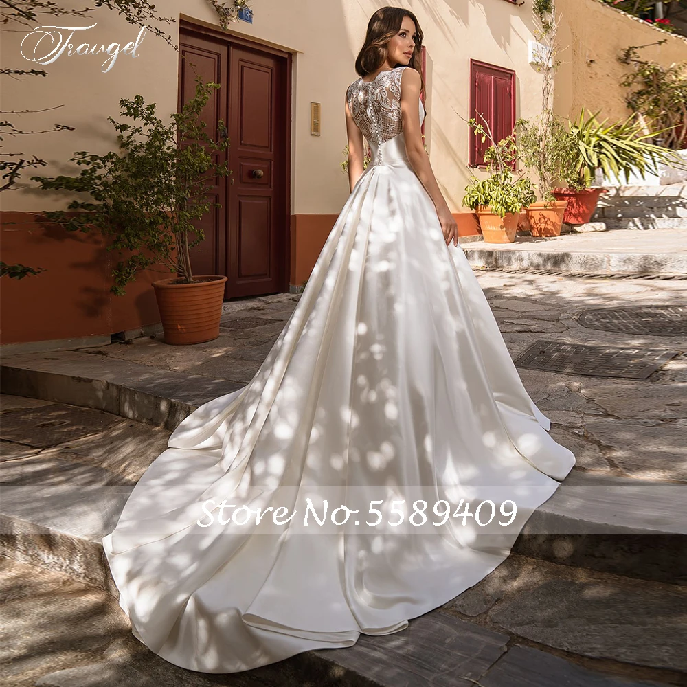 Traugel Sexy Illusion V Neck Matte Satin Vintage Wedding Dresses Luxury Appliques Button Court Train A Line Bridal Gown