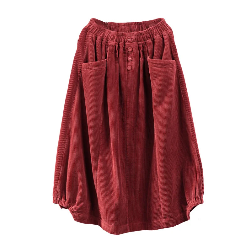 NINI WONDERLAND Autumn Winter Corduroy Skirt Women Vintage Midi Long Skirts Female Elastic Waist A-line Pleated Skirt Big Size