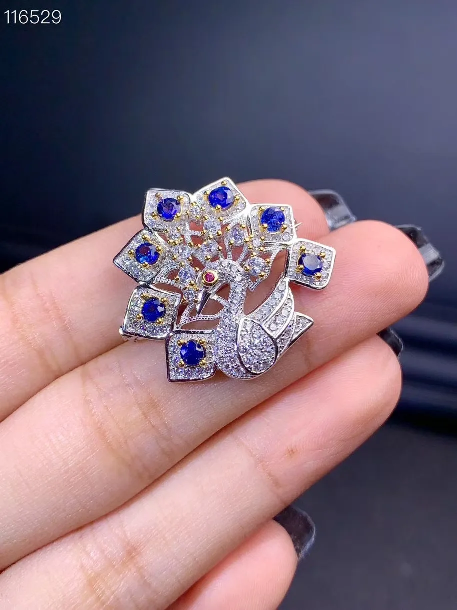 Natural sapphire brooch, 925 silver, phoenix style, good quality gemstones and luxurious atmosphere.