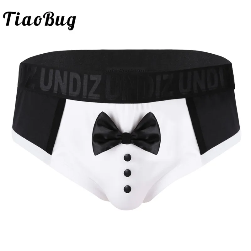 Men Soft Underwear White/Black Color Splice Cute Bow Tie Tuxedo Briefs Breathable Stretchy Male Sexy Underpants