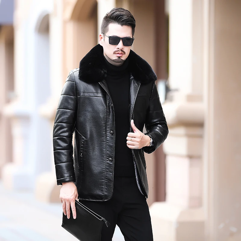 2021 Plus size   sheepskin coat  men  genuine leather mens jacket High quality Raccoon fur collar locomotive leather jacket