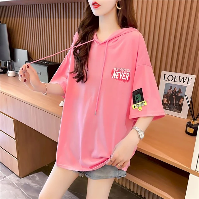 Large Size Hooded T Shirt Women s Short Sleeve T Shirt Oversized Hoodies Summer Korean Student Loose Half sleeved Top Tide Ins Hoodies Sweatshirts AliExpress