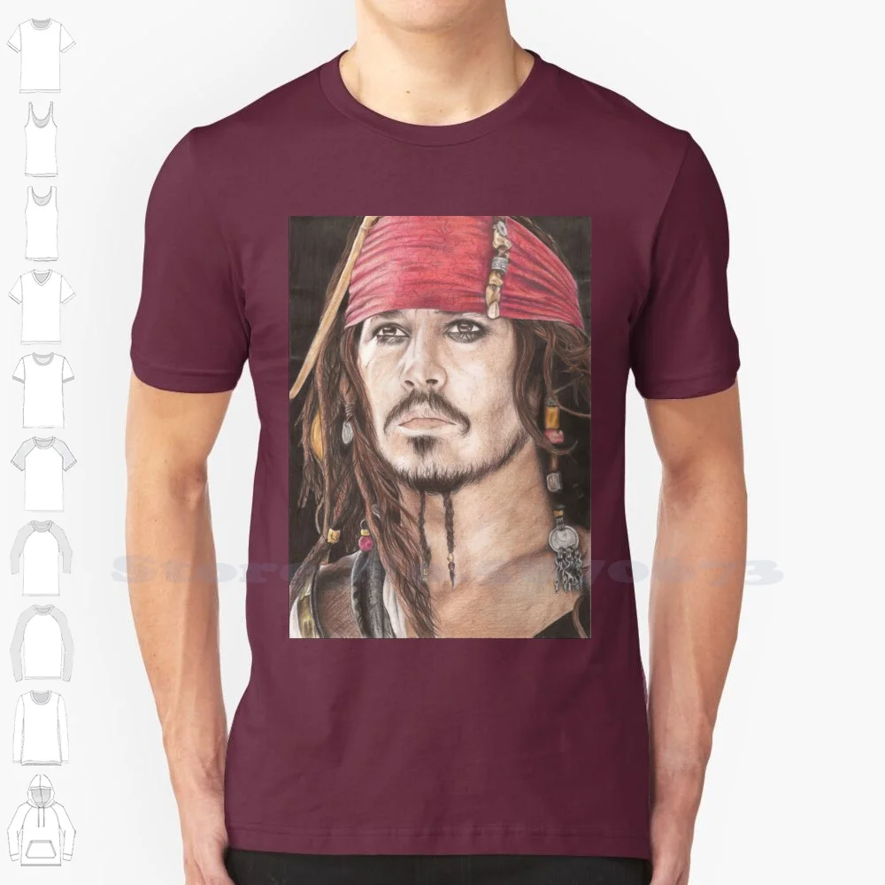 Captain 100% Cotton T-Shirt Captain Johnny Depp Portrait Realistic Coloured Pencil Ocean Dark Jadejonesart