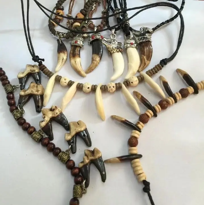 12 PCS Vintage Tribal Classic Unique Men's Wolf Tooth Necklace Casual Jewelry