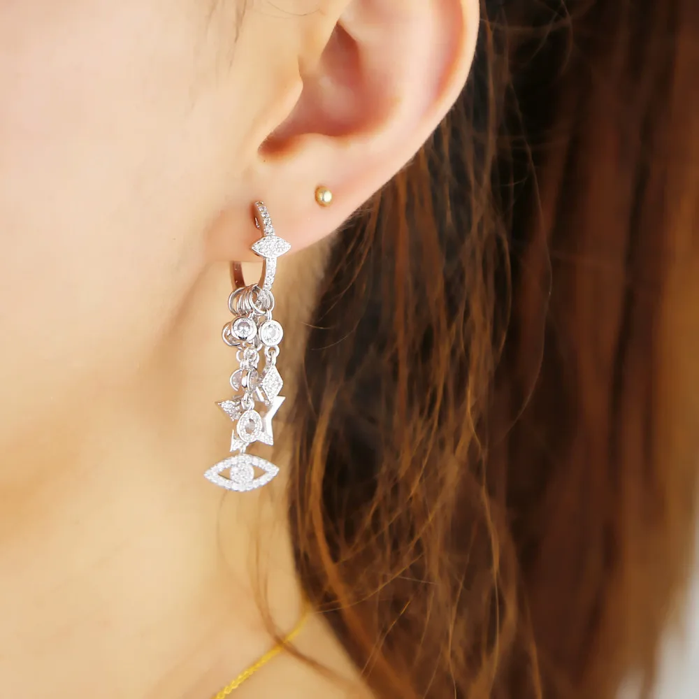 2025 Gold Color Delicate Floating CZ Star Stacking Fashion Trendy Women Turkish Evil Eye Cz Charm Huggie Hoop Earrings Jewelry view 3
