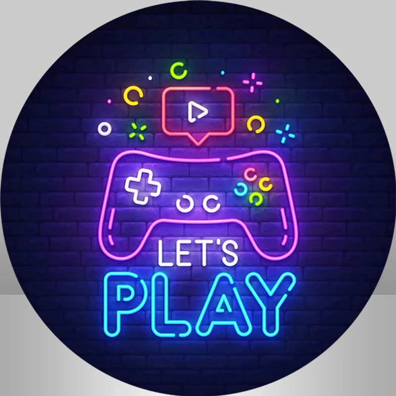 Playstation theme Round Backdrop Cover Neon Lights Children Birthday Party Photo Background Candy Table Cylinder Cover