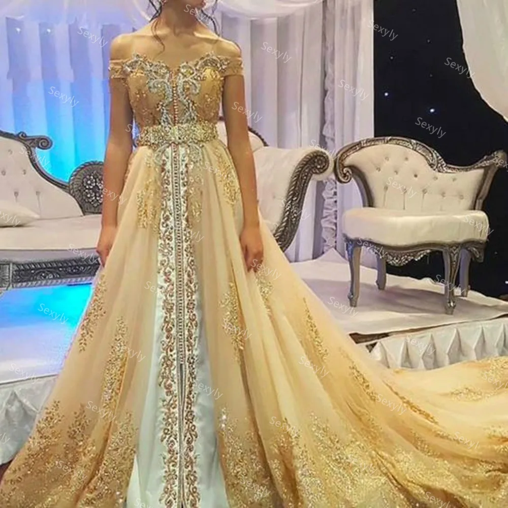 Luxury Gold Moroccan kaftan Evening Dress Elegant Off Shoulder Abaya Indian Long Prom Gown Lace Beaded Robe De Mariée Customized