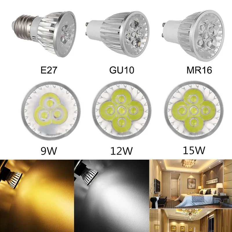 LED spotlight e27 e14 GU5.3 LED Lamp LED Spotlight 9W 12W 15W Bombillas High quality GU10 Spot light Lampada LED Bulb 110v 220V